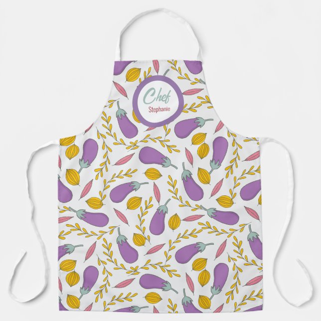 Fun Purple Eggplant Pattern Personalised Apron (Front)