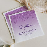 Fun Purple Glitter Drip 60th Birthday Party Napkin<br><div class="desc">These chic 60th birthday party paper napkins feature a sparkly purple faux glitter drip border and purple ombre background. Personalise them with the guest of honour's name in purple handwriting script,  with her birthday and date below in sans serif font.</div>