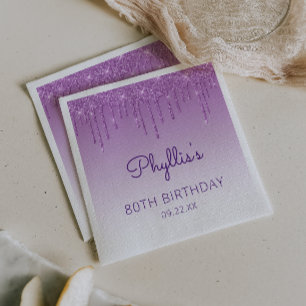 Fun Purple Glitter Drip 80th Birthday Party Napkin