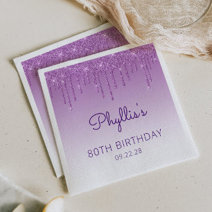 Fun Purple Glitter Drip 80th Birthday Party Napkin