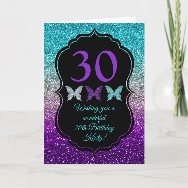 Fun Purple Grey Blue Glitter Sparkle Birthday Card (Front)