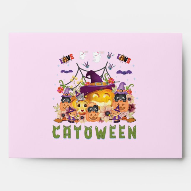 Fun Purple Hat Catoween, Cute Orange Pumpkin Envelope (Front)