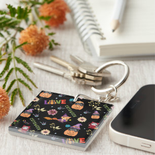 Fun Purple Hat Catoween, Cute Orange Pumpkin Key Ring
