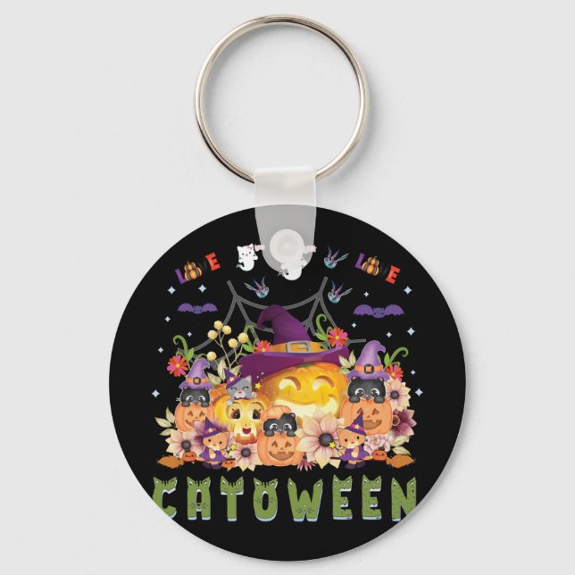 Fun Purple Hat Catoween, Cute Orange Pumpkin Key Ring (Front)