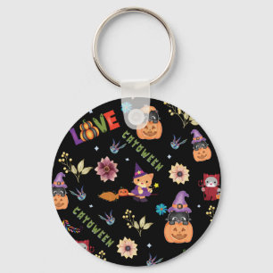 Fun Purple Hat Catoween, Cute Orange Pumpkin Key Ring