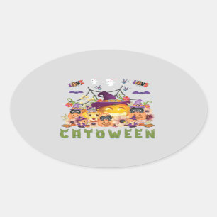 Fun Purple Hat Catoween, Cute Orange Pumpkin Oval Sticker