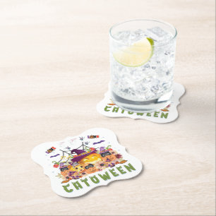 Fun Purple Hat Catoween, Cute Orange Pumpkin Paper Coaster