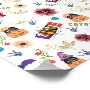Fun Purple Hat Catoween, Cute Orange Pumpkin Poster