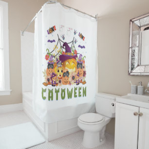 Fun Purple Hat Catoween, Cute Orange Pumpkin Shower Curtain