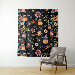 Fun Purple Hat Catoween, Cute Orange Pumpkin Tapestry