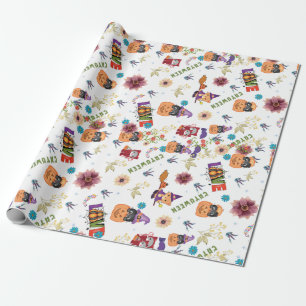 Fun Purple Hat Catoween, Cute Orange Pumpkin Wrapping Paper