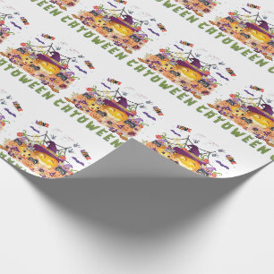 Fun Purple Hat Catoween, Cute Orange Pumpkin Wrapping Paper