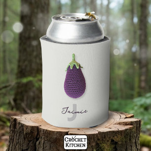 Fun Purple Modern Minimal Crochet Eggplant Name Can Cooler