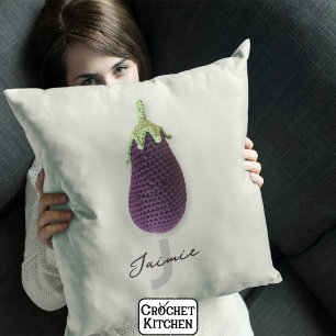 Fun Purple Modern Minimal Crochet Eggplant Name  Cushion