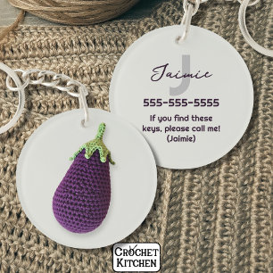 Fun Purple Modern Minimal Crochet Eggplant Name  Key Ring