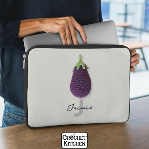 Fun Purple Modern Minimal Crochet Eggplant Name  Laptop Sleeve