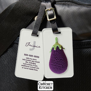 Fun Purple Modern Minimal Crochet Eggplant Name Luggage Tag