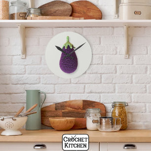 Fun Purple Modern Minimal Crochet Eggplant   Round Clock