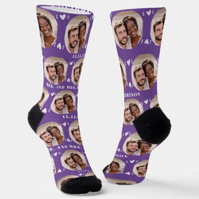 Fun Purple Newlyweds Photo Pattern Socks (Angled)