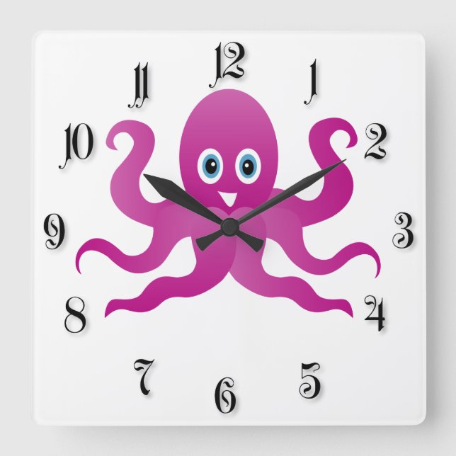 Fun purple octopi square wall clock (Front)