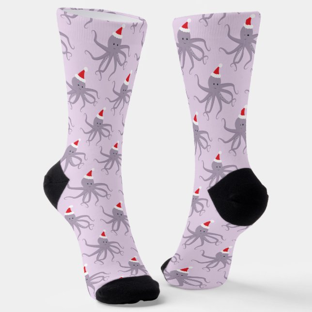 Fun Purple Octopus Santa Hat Christmas Socks (Angled)