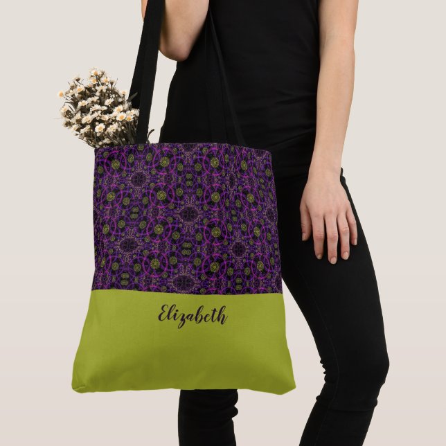 Fun Purple Pattern Monogrammed Tote Bag (Close Up)