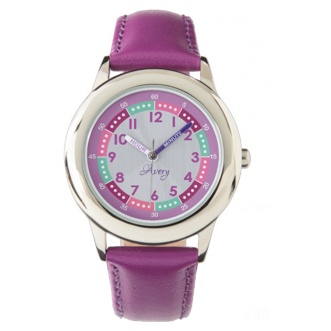 Fun Purple Personalise Kids Learn To Tell Time Watch (Front)