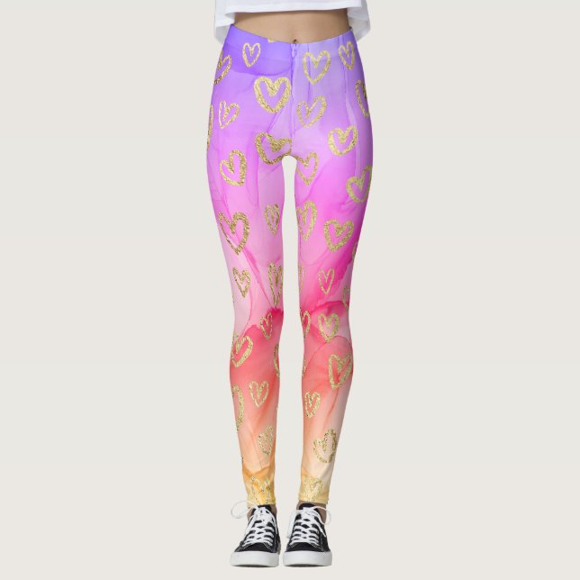Fun Purple Pink Yellow Faux Foil Gold Hearts Leggings (Front)