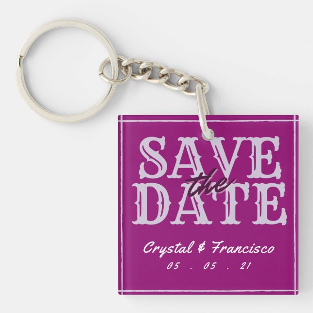 Fun Purple Save The Date Key Ring (Front)