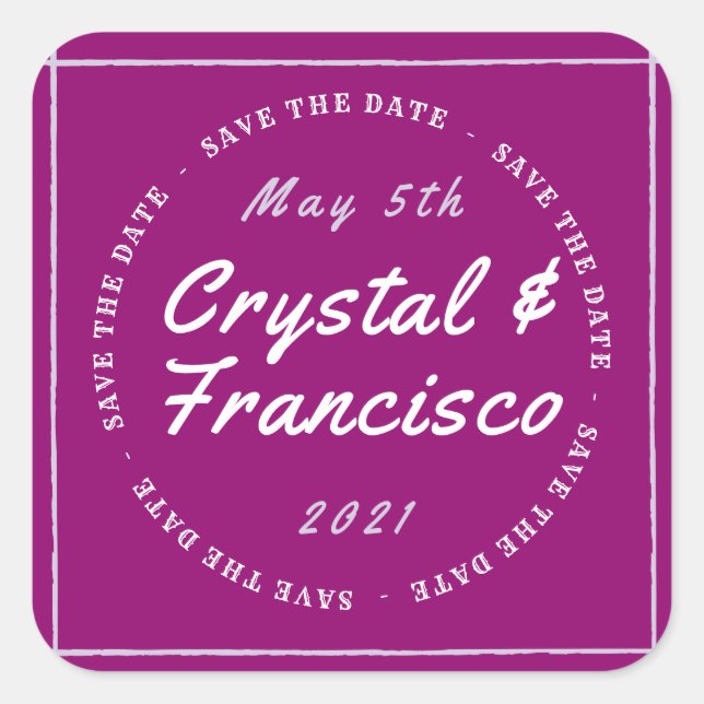 Fun Purple Save The Date Square Sticker (Front)
