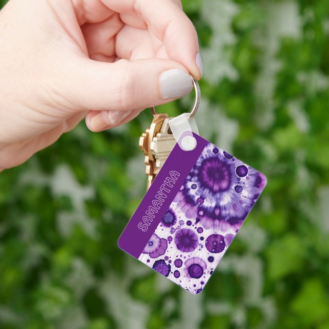 Fun Purple Violet Pink Batik Circles Art Pattern Key Ring (Hand)