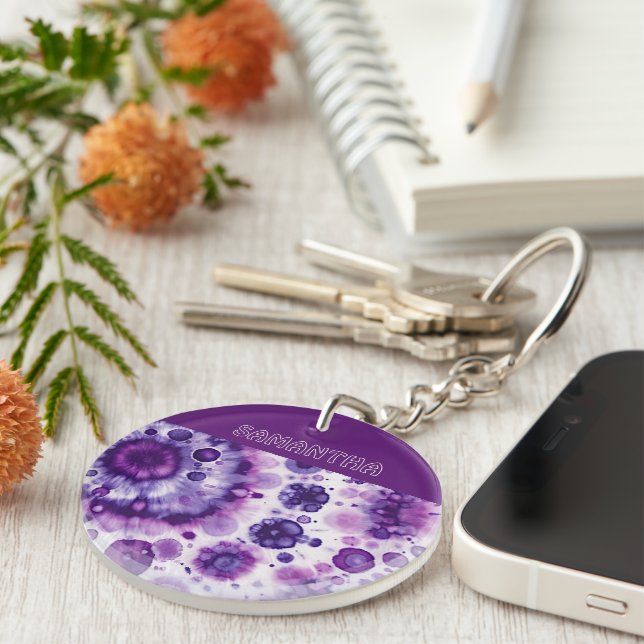 Fun Purple Violet Pink Batik Circles Art Pattern Key Ring (Front Right)