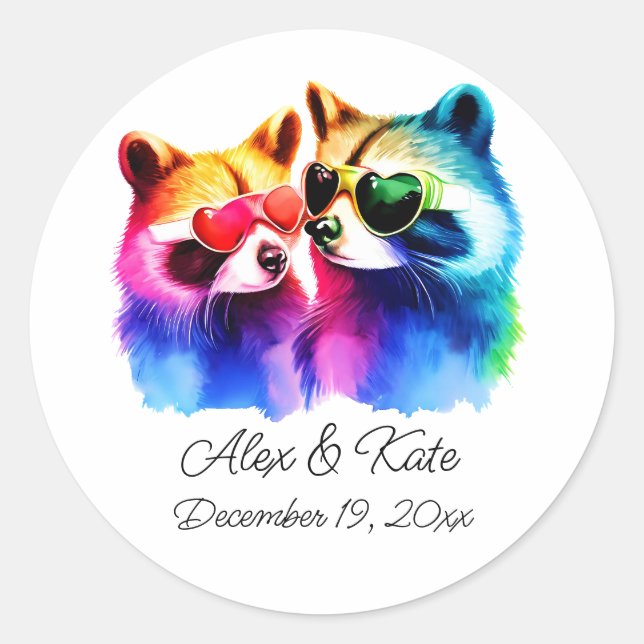 Fun Racoon Couple | Romantic Wedding  Classic Round Sticker (Front)