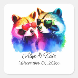 Fun Racoon Couple   Romantic Wedding  Square Sticker
