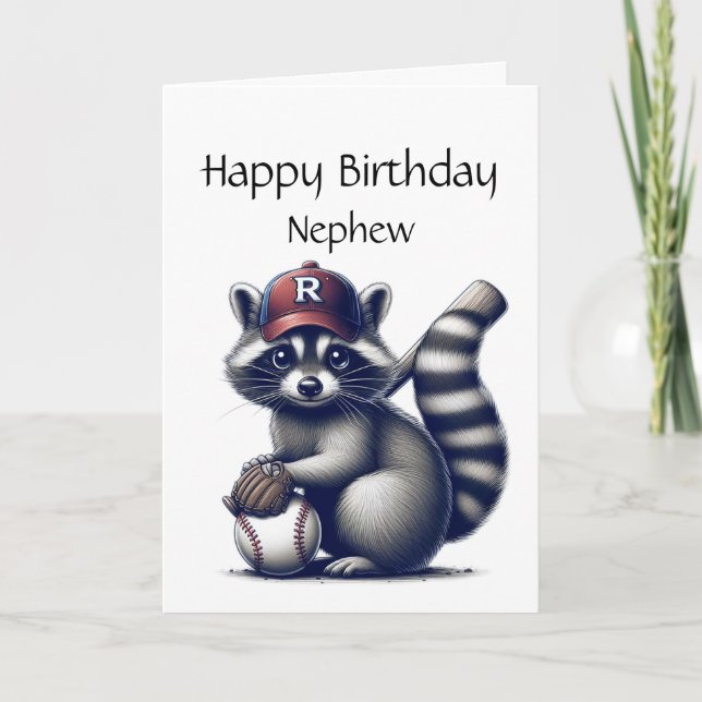 Fun Racoon Nephew Baseball Birthday Animal Card (Front)