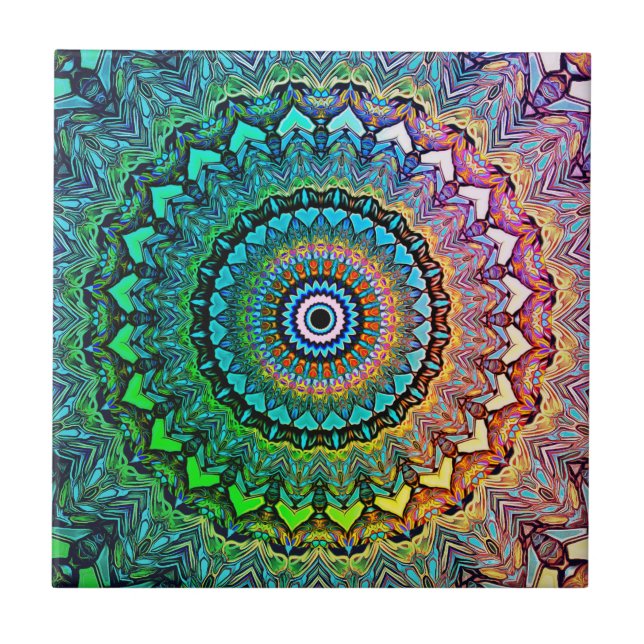 Fun Rainbow and Hearts Mandala Ceramic Tile (Front)