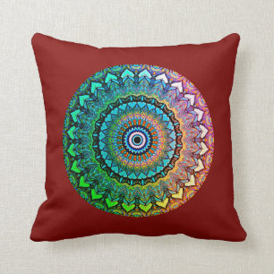 Fun Rainbow and Hearts Mandala on Dark Red Cushion