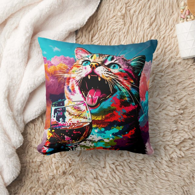 Fun Rainbow Cat and Wine Cushion (Blanket)