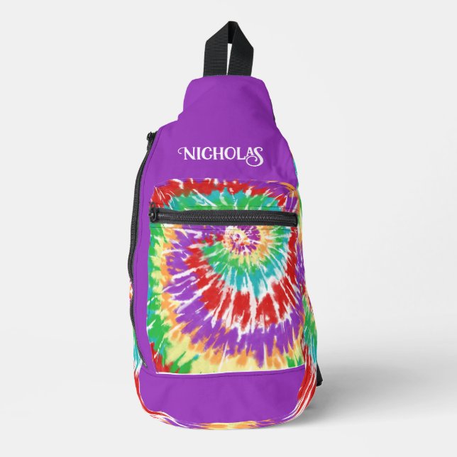 Fun Rainbow Colours Retro Tie Dye Monogrammed Sling Bag (Front)