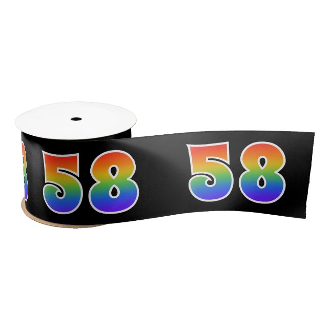 Fun, Rainbow Pattern "58" Event Number (Black) Satin Ribbon (Spool)