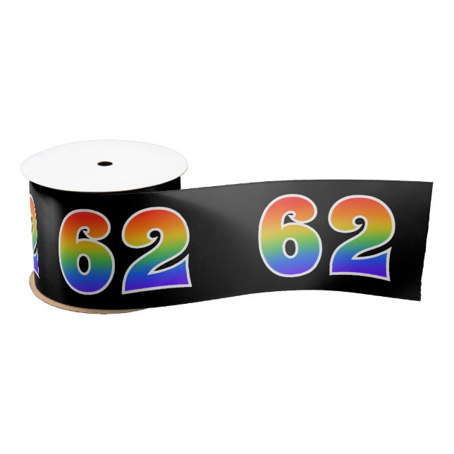 Fun, Rainbow Pattern "62" Event Number (Black) Satin Ribbon (Spool)