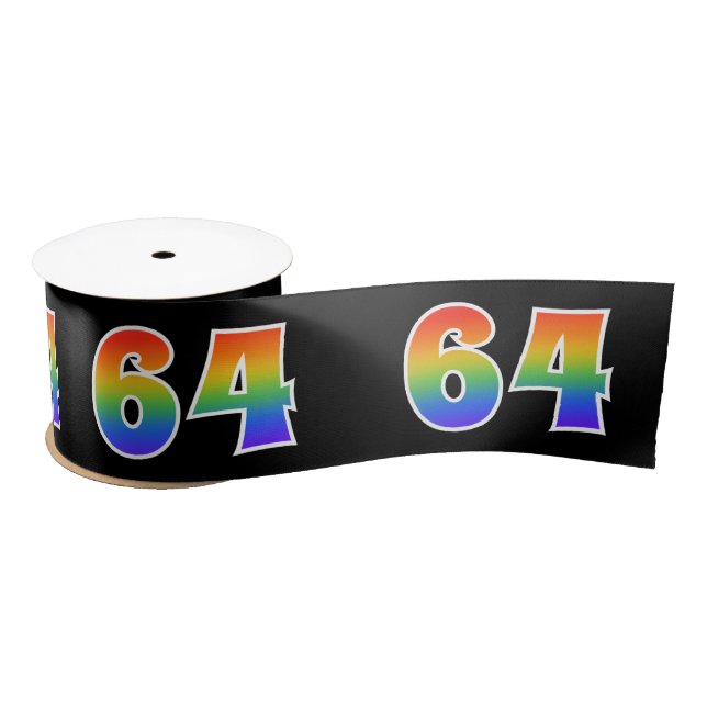 Fun, Rainbow Pattern "64" Event Number (Black) Satin Ribbon (Spool)