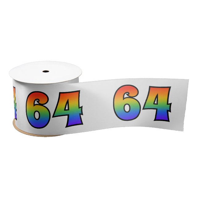 Fun, Rainbow Pattern "64" Event Number (Grey) Satin Ribbon (Spool)