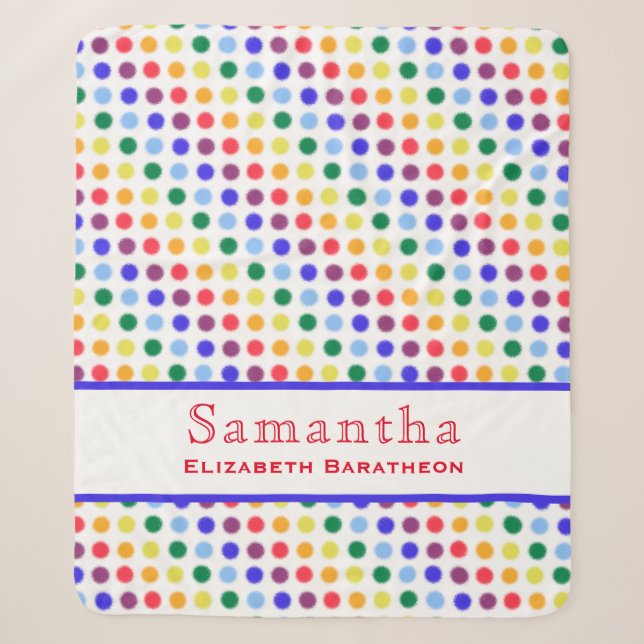 Fun Rainbow Polka Dot Pattern Personalised Name Sherpa Blanket (Front)