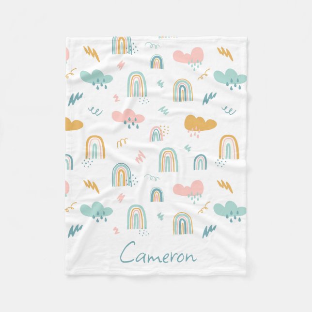 Fun Rainbow & Rain Cloud Pattern Fleece Blanket (Front)