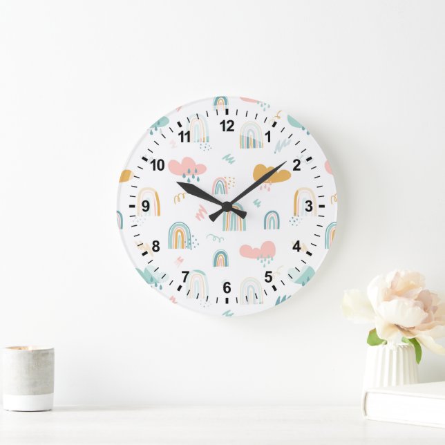 Fun Rainbow & Rain Cloud Pattern Large Clock (Home)