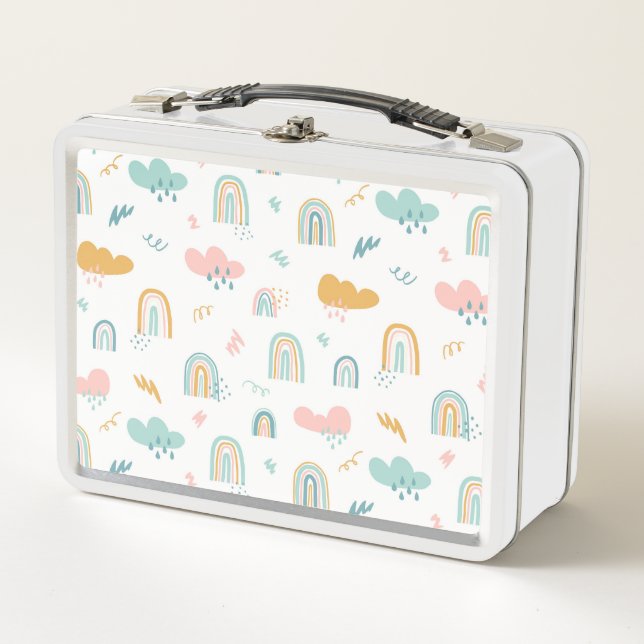 Fun Rainbow & Rain Cloud Pattern Metal Lunch Box (Front)