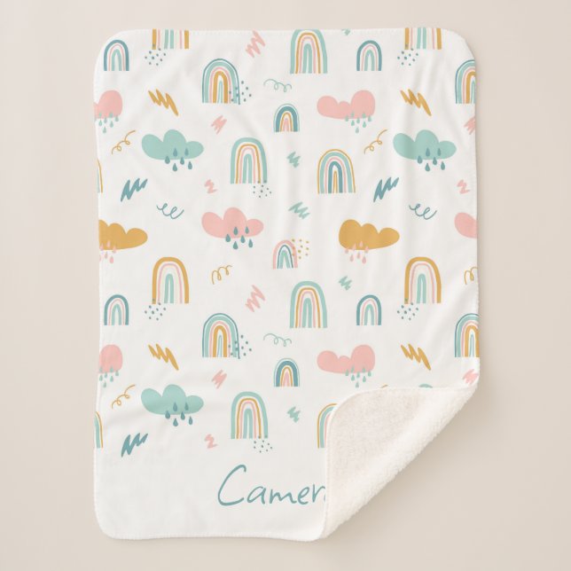Fun Rainbow & Rain Cloud Pattern Sherpa Blanket (Front)