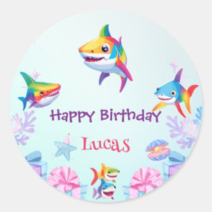 Fun rainbow shark birthday balloon party Family  Classic Round Sticker