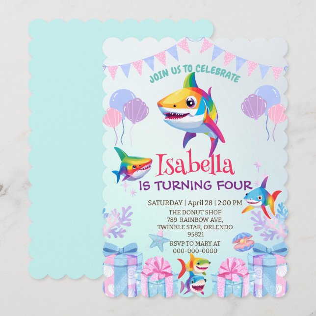 Fun rainbow shark birthday balloon party Family  Invitation (Front/Back)